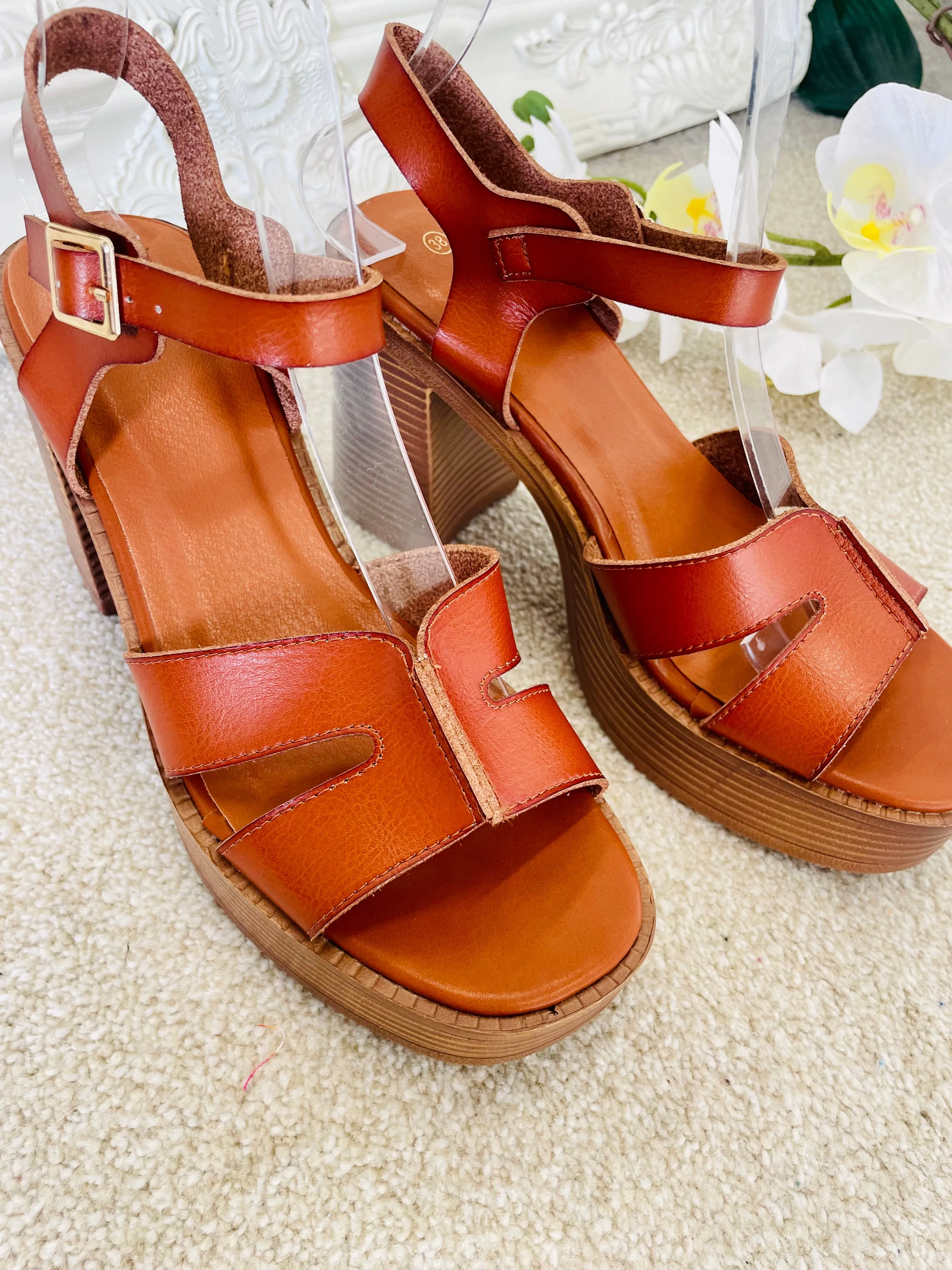 TAN CHUNKY HIGH HEEL SANDALS ( 7885 ) - sizes 3 to 8