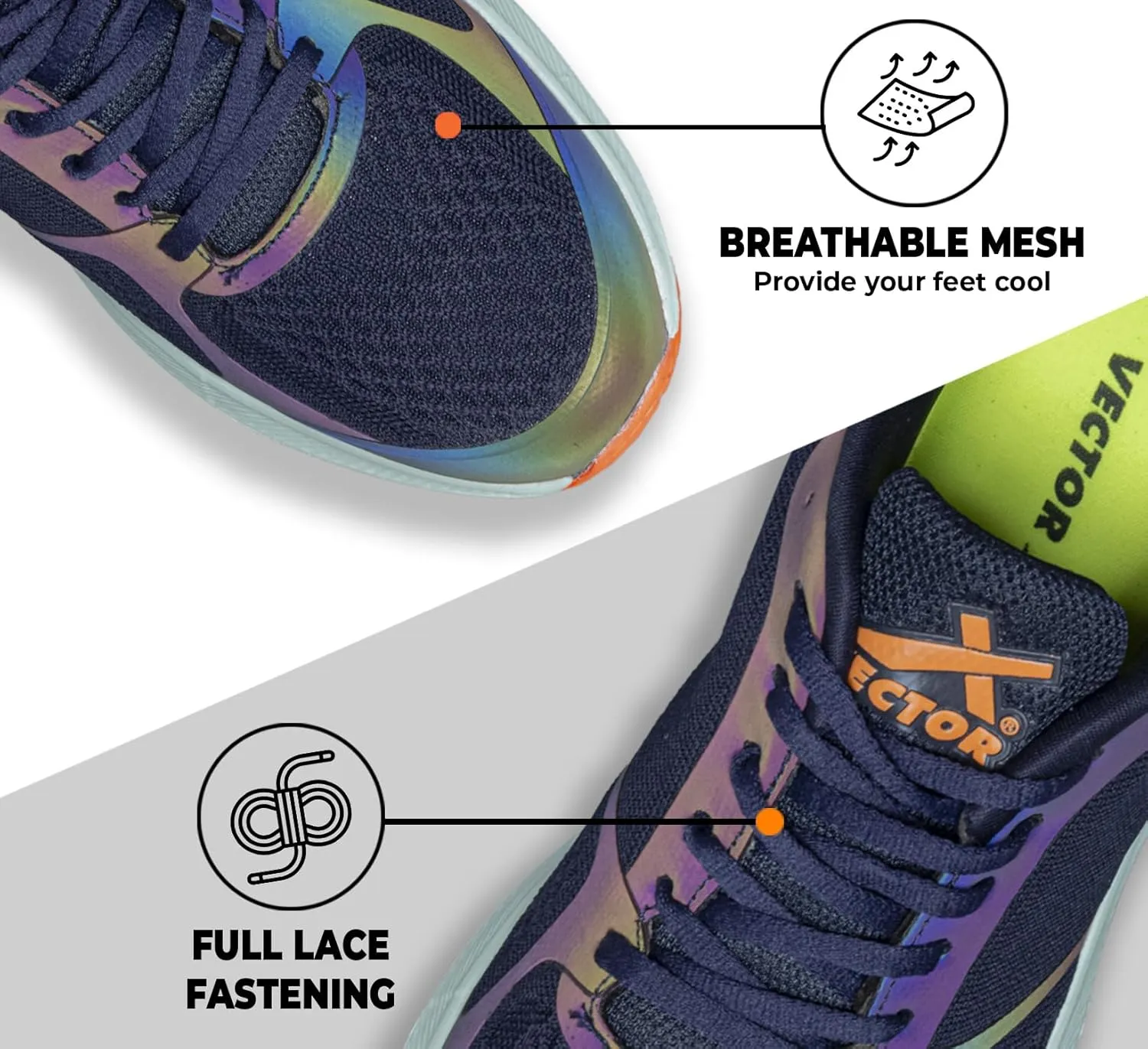 Vector X Reflector Jogging Shoes | Lightweight Sports Shoes for Men | Breathable Mesh Sneakers for Running, Walking, Gym & Training – Navy/Orange