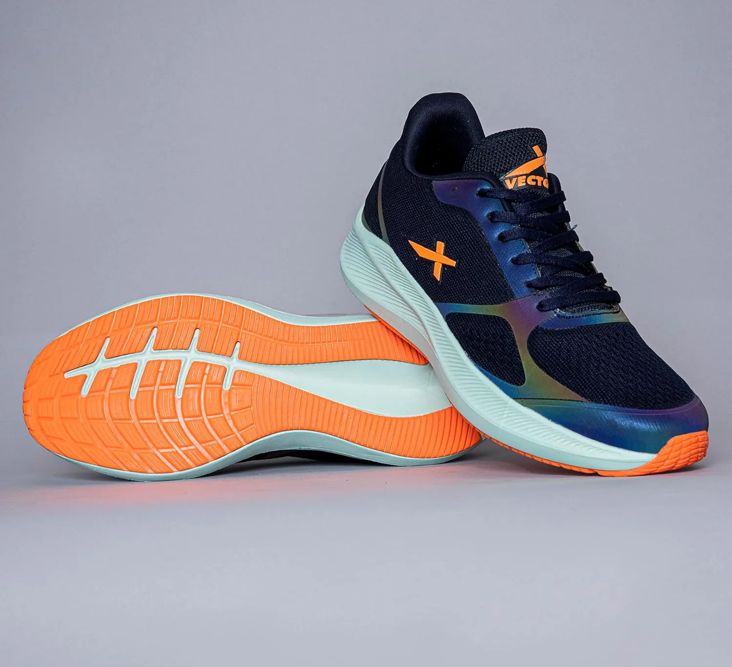Vector X Reflector Jogging Shoes | Lightweight Sports Shoes for Men | Breathable Mesh Sneakers for Running, Walking, Gym & Training – Navy/Orange