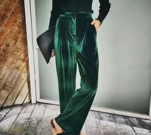 Velvet High Waisted Loose Long Wide Leg Pants Women Trouser Fashion 3 Colors