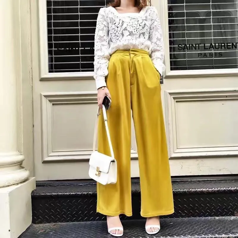 Velvet High Waisted Loose Long Wide Leg Pants Women Trouser Fashion 3 Colors