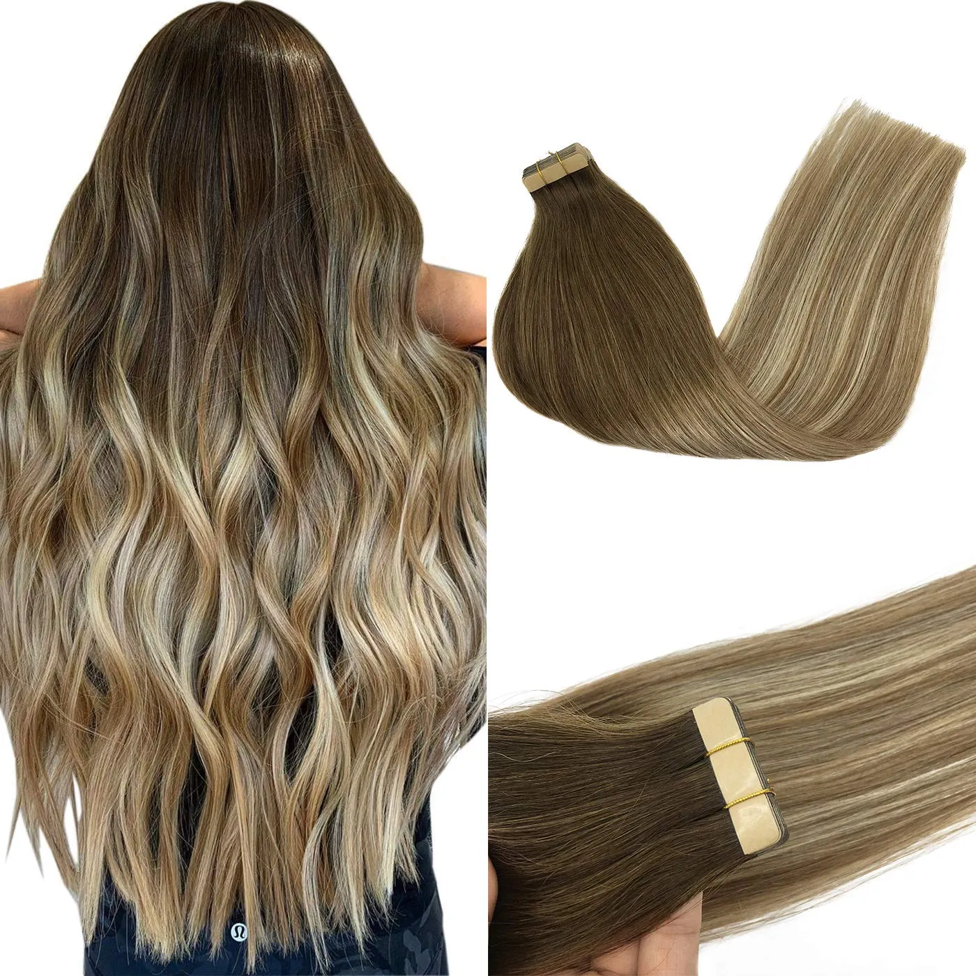 Walnut Brown to Ash Brown and Bleach Blonde 20pcs 50g Straight Tape in Hair Extensions