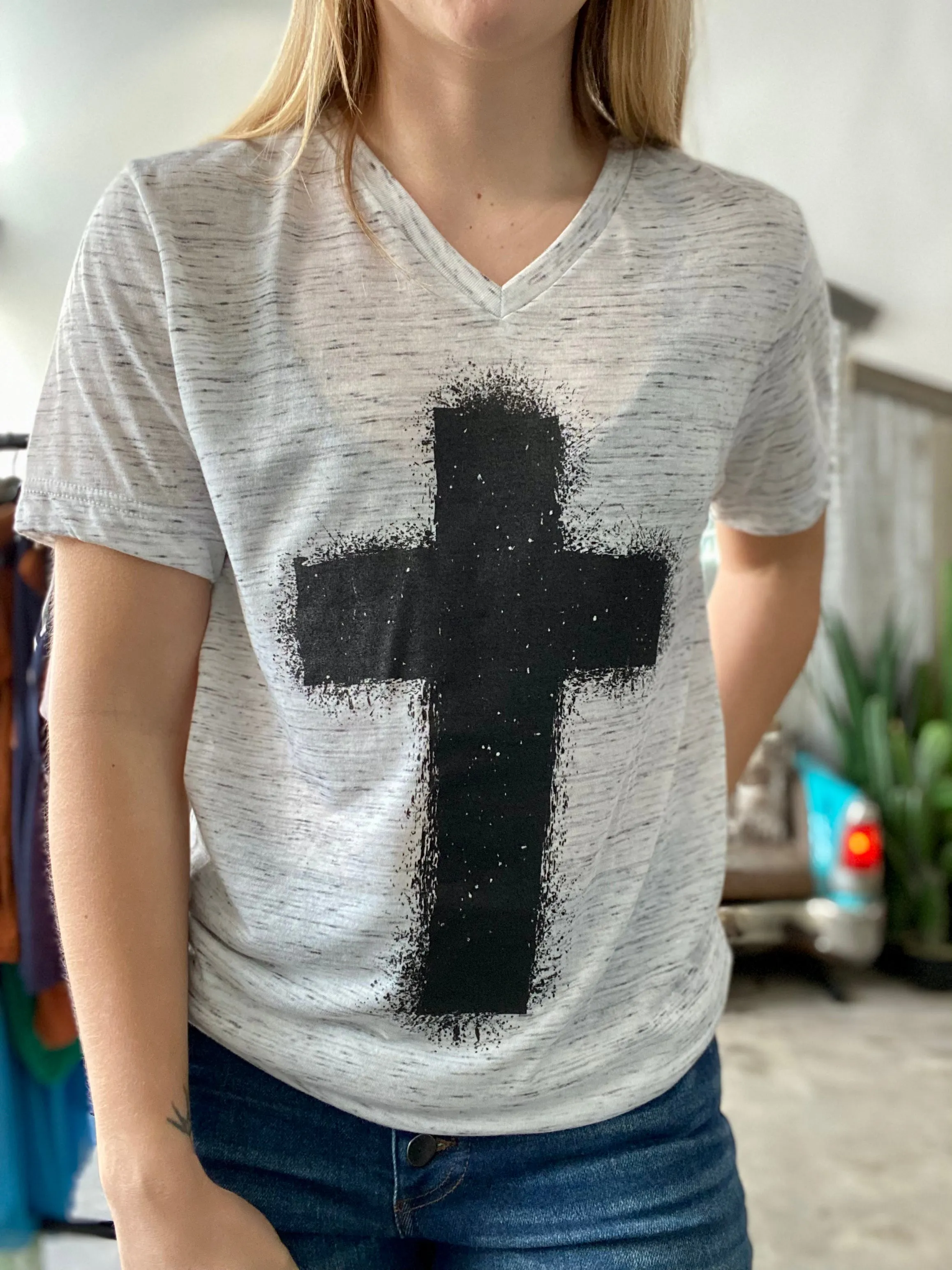 White Marble Splatter Cross T-Shirt
