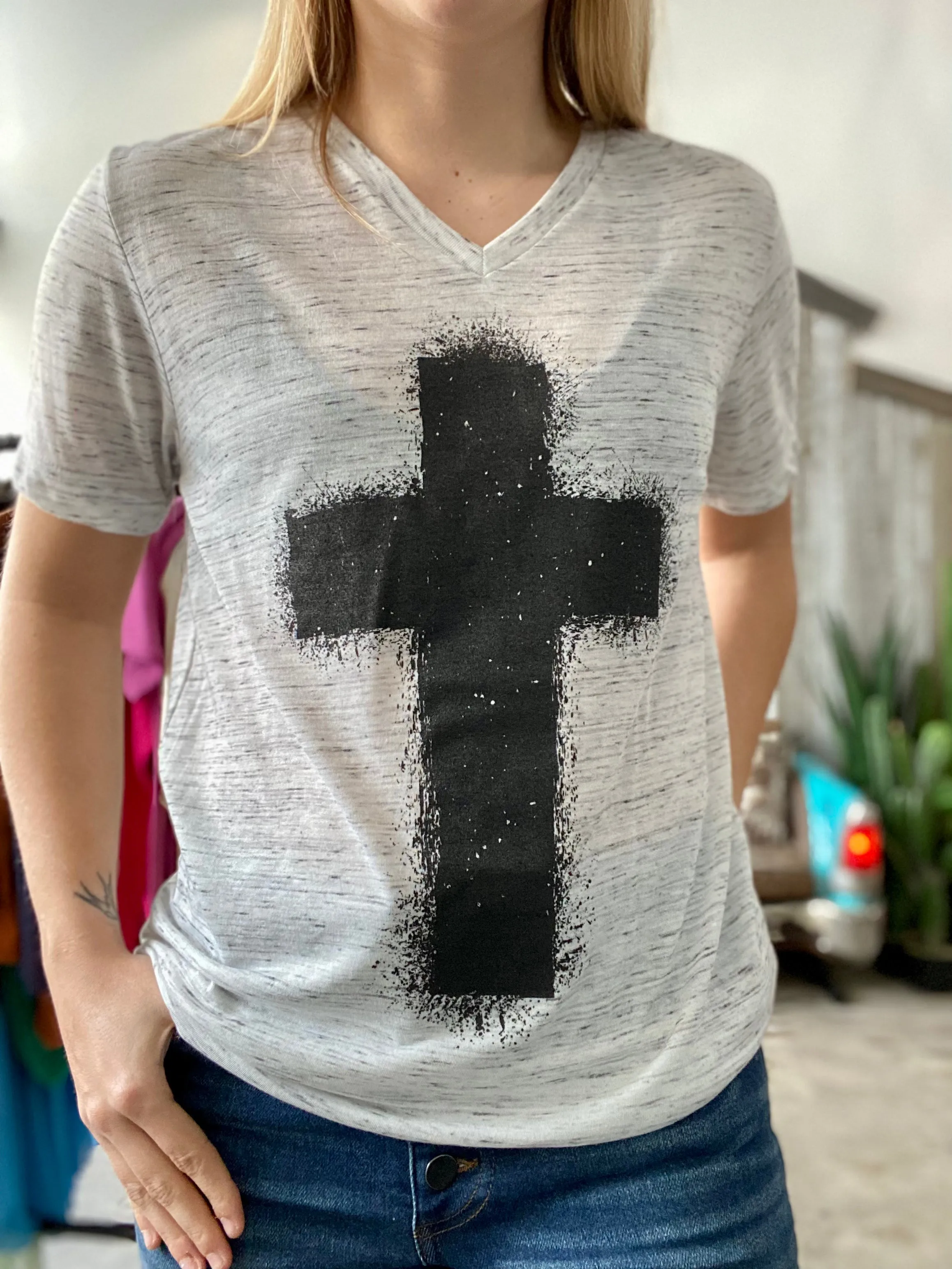 White Marble Splatter Cross T-Shirt