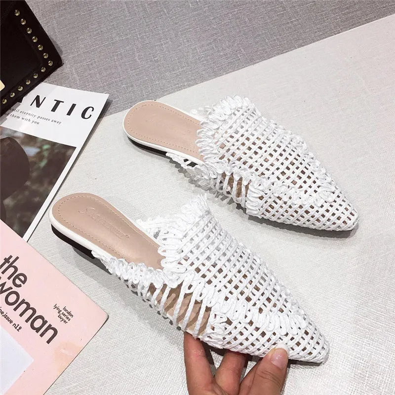Womens Flats Shoes Mules Rattan Slippers Hollow Slipper Pointed Toe